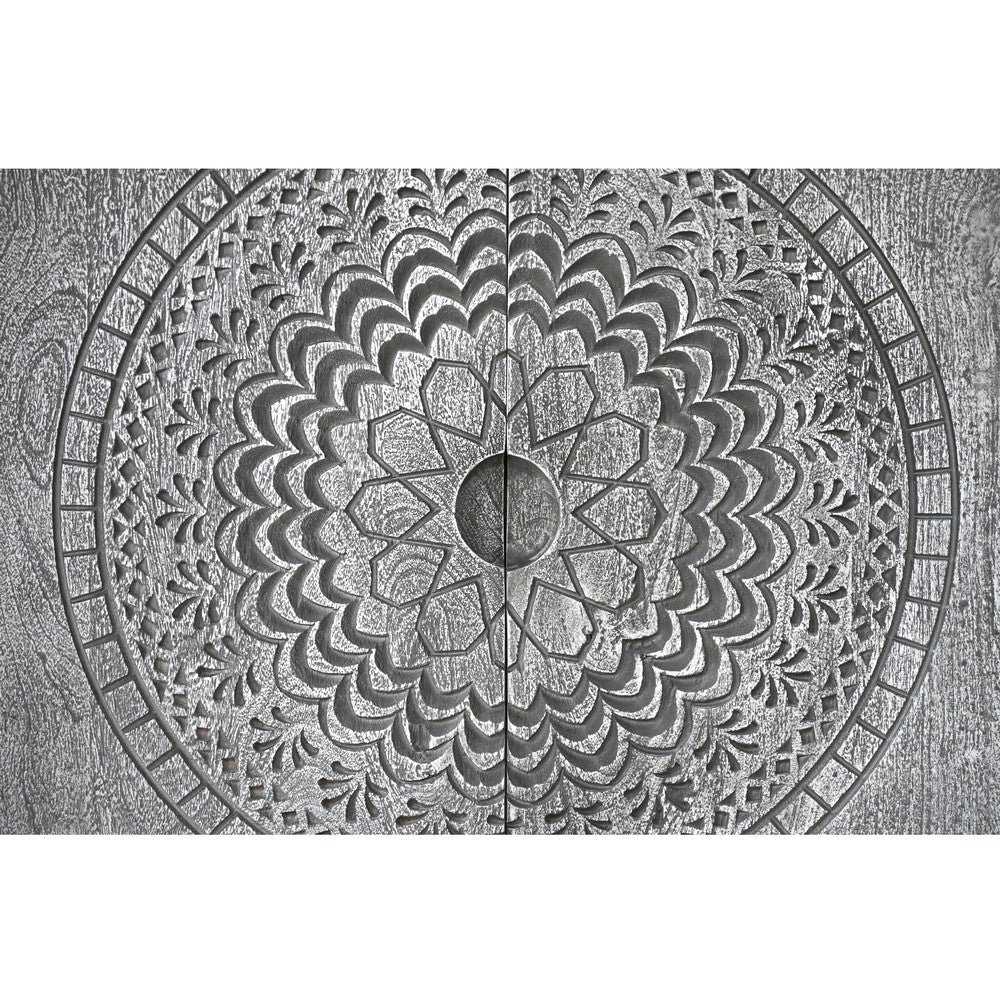 Zera 39 Inch Handcrafted Accent Cabinet with 2 Doors, Medallion Engraved, Sandblasted Gray Mango Wood, Black Iron Framed Stand- UPT-271294