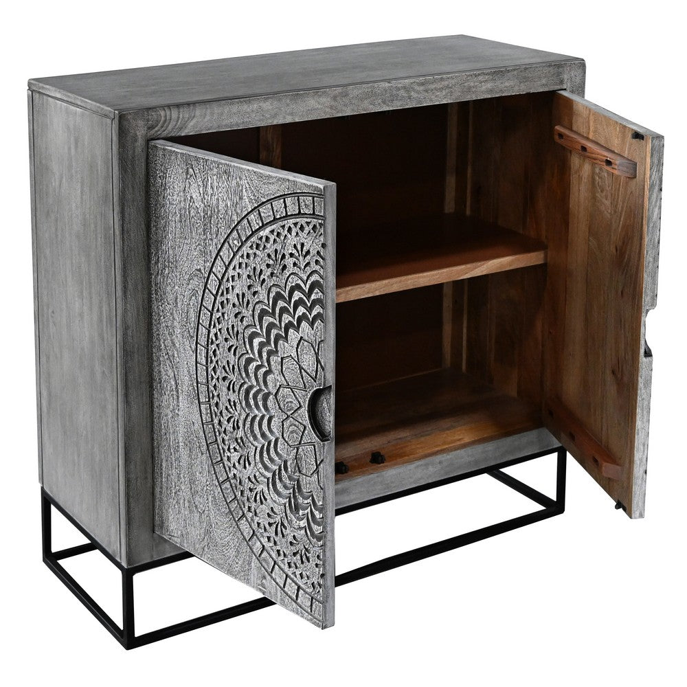 Zera 39 Inch Handcrafted Accent Cabinet with 2 Doors, Medallion Engraved, Sandblasted Gray Mango Wood, Black Iron Framed Stand- UPT-271294