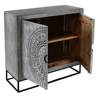 Zera 39 Inch Handcrafted Accent Cabinet with 2 Doors, Medallion Engraved, Sandblasted Gray Mango Wood, Black Iron Framed Stand- UPT-271294