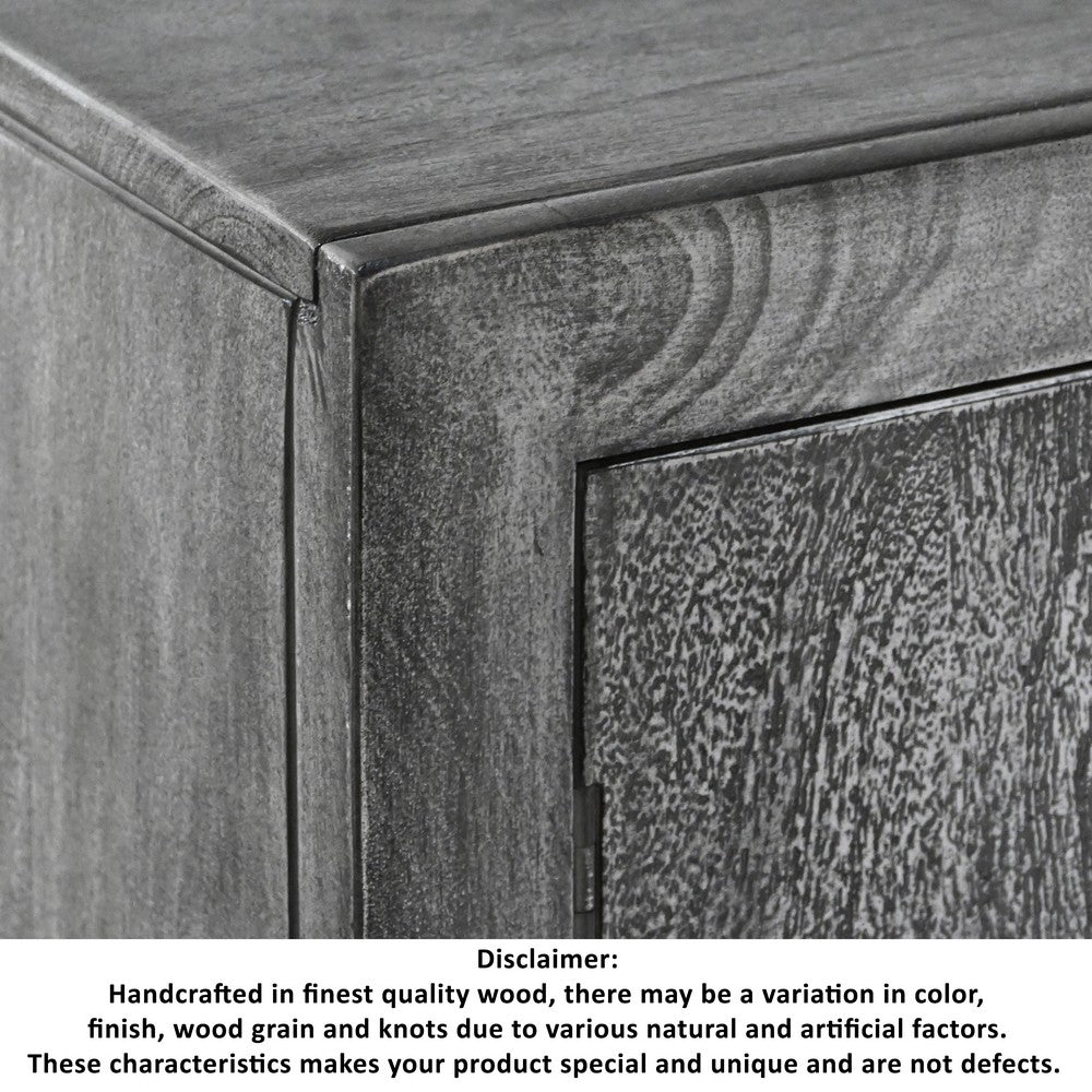 Zera 39 Inch Handcrafted Accent Cabinet with 2 Doors, Medallion Engraved, Sandblasted Gray Mango Wood, Black Iron Framed Stand- UPT-271294