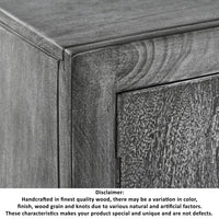 Zera 39 Inch Handcrafted Accent Cabinet with 2 Doors, Medallion Engraved, Sandblasted Gray Mango Wood, Black Iron Framed Stand- UPT-271294
