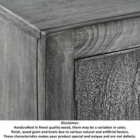 Zera 39 Inch Handcrafted Accent Cabinet with 2 Doors, Medallion Engraved, Sandblasted Gray Mango Wood, Black Iron Framed Stand- UPT-271294