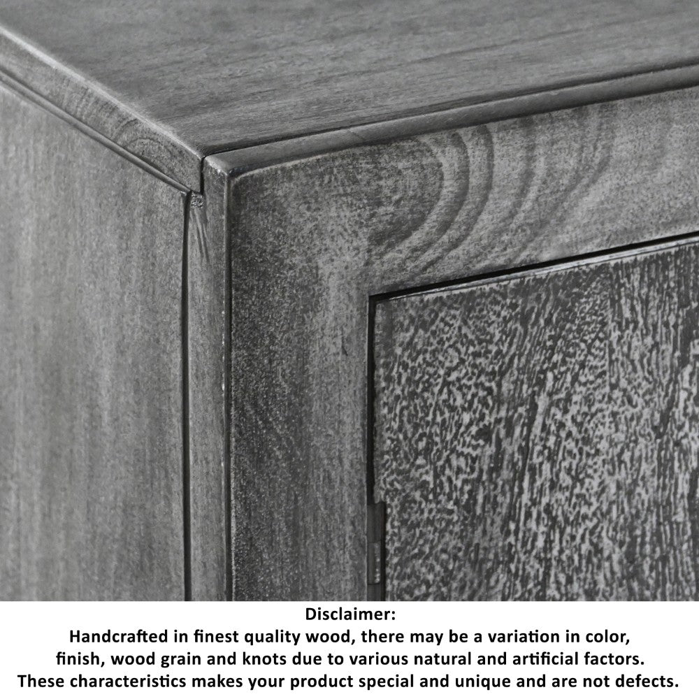 Zera 39 Inch Handcrafted Accent Cabinet with 2 Doors, Medallion Engraved, Sandblasted Gray Mango Wood, Black Iron Framed Stand- UPT-271294