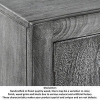 Zera 39 Inch Handcrafted Accent Cabinet with 2 Doors, Medallion Engraved, Sandblasted Gray Mango Wood, Black Iron Framed Stand- UPT-271294