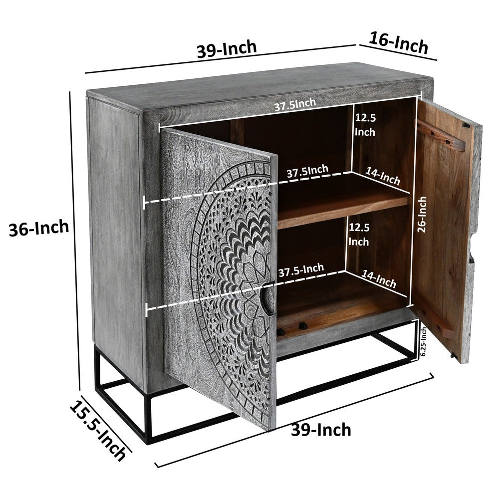 Zera 39 Inch Handcrafted Accent Cabinet with 2 Doors, Medallion Engraved, Sandblasted Gray Mango Wood, Black Iron Framed Stand- UPT-271294