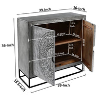 Zera 39 Inch Handcrafted Accent Cabinet with 2 Doors, Medallion Engraved, Sandblasted Gray Mango Wood, Black Iron Framed Stand- UPT-271294