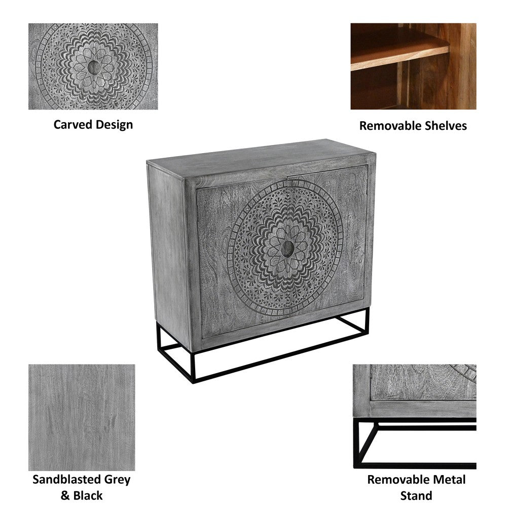 Zera 39 Inch Handcrafted Accent Cabinet with 2 Doors, Medallion Engraved, Sandblasted Gray Mango Wood, Black Iron Framed Stand- UPT-271294