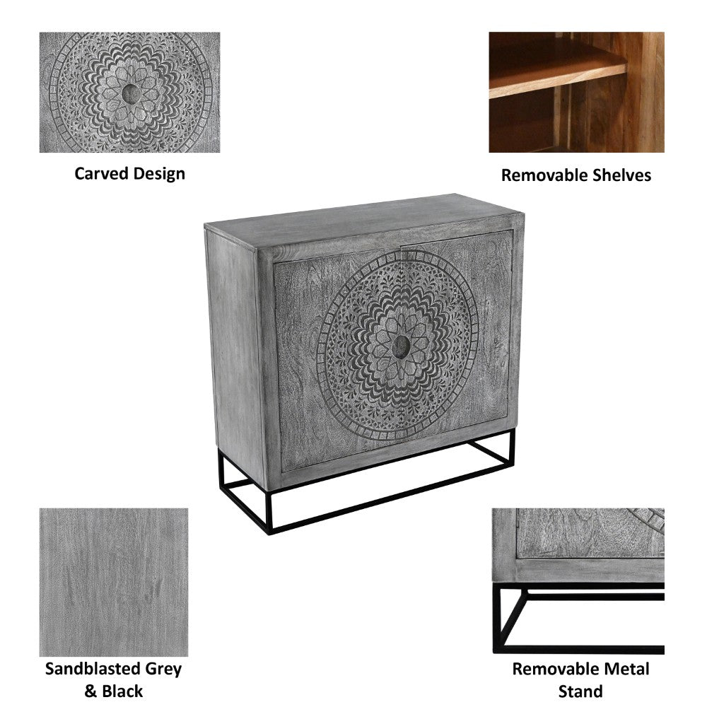 Zera 39 Inch Handcrafted Accent Cabinet with 2 Doors, Medallion Engraved, Sandblasted Gray Mango Wood, Black Iron Framed Stand- UPT-271294