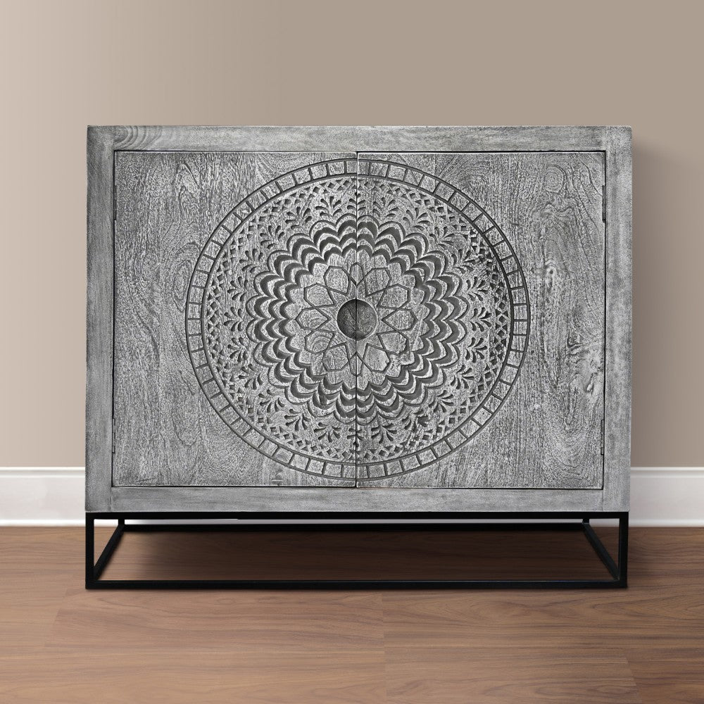 Zera 39 Inch Handcrafted Accent Cabinet with 2 Doors, Medallion Engraved, Sandblasted Gray Mango Wood, Black Iron Framed Stand- UPT-271294