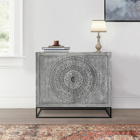 Zera 39 Inch Handcrafted Accent Cabinet with 2 Doors, Medallion Engraved, Sandblasted Gray Mango Wood, Black Iron Framed Stand- UPT-271294