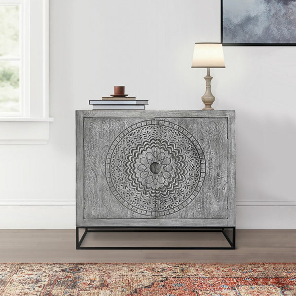 Zera 39 Inch Handcrafted Accent Cabinet with 2 Doors, Medallion Engraved, Sandblasted Gray Mango Wood, Black Iron Framed Stand- UPT-271294