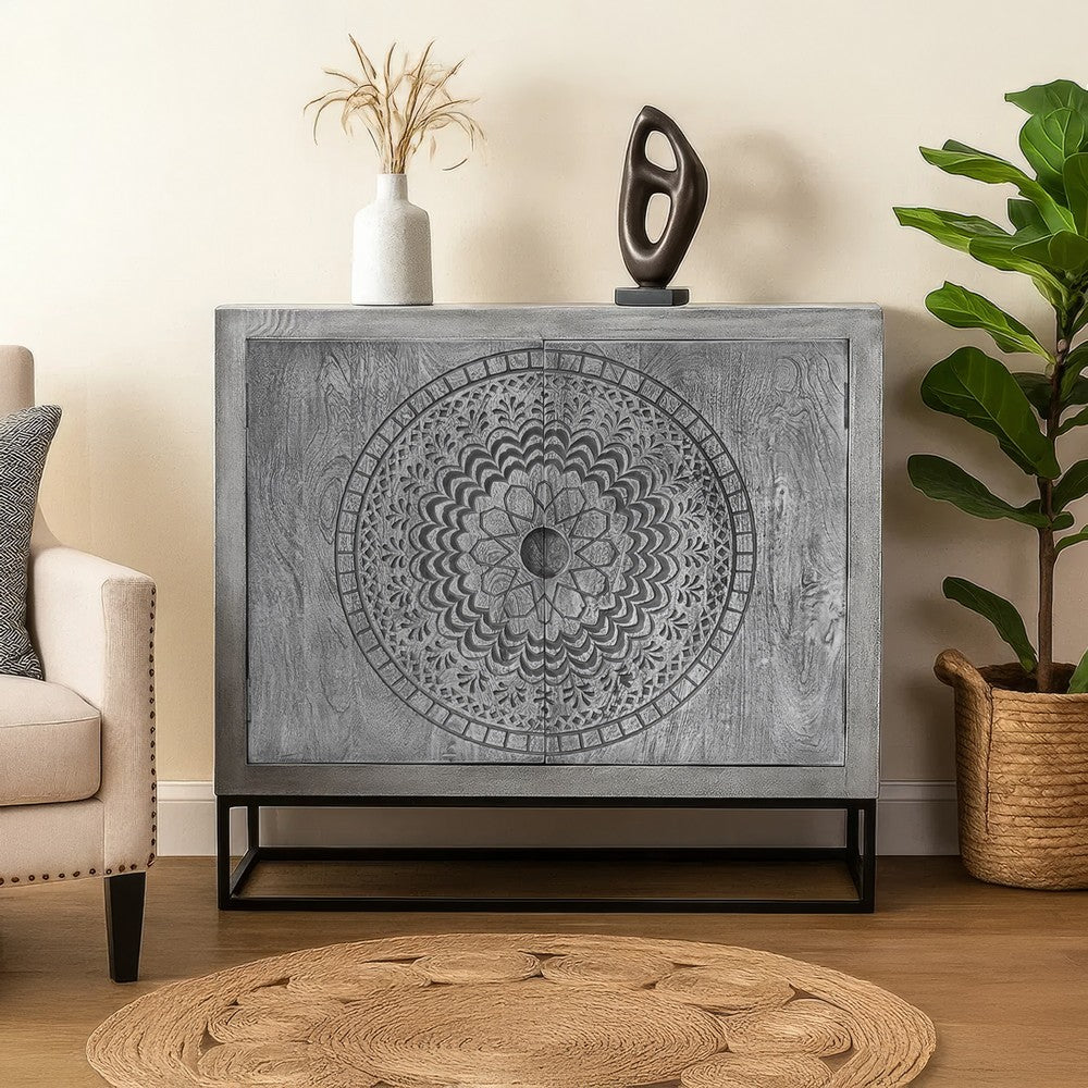 Zera 39 Inch Handcrafted Accent Cabinet with 2 Doors, Medallion Engraved, Sandblasted Gray Mango Wood, Black Iron Framed Stand- UPT-271294