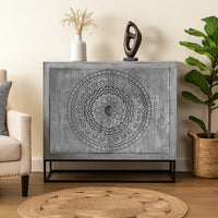 Zera 39 Inch Handcrafted Accent Cabinet with 2 Doors, Medallion Engraved, Sandblasted Gray Mango Wood, Black Iron Framed Stand- UPT-271294