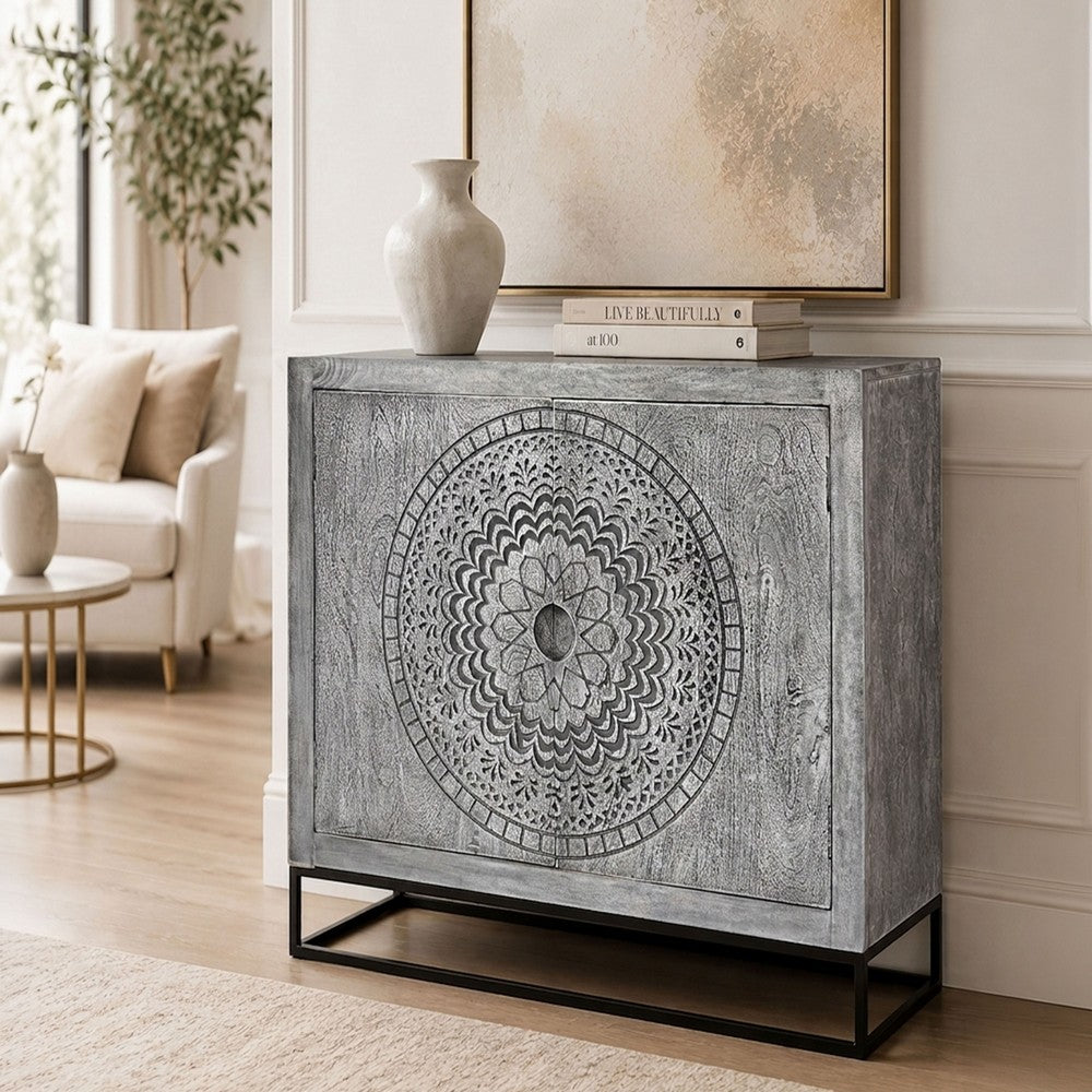 Zera 39 Inch Handcrafted Accent Cabinet with 2 Doors, Medallion Engraved, Sandblasted Gray Mango Wood, Black Iron Framed Stand- UPT-271294