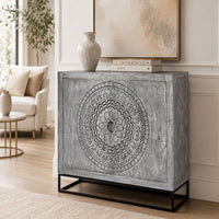 Zera 39 Inch Handcrafted Accent Cabinet with 2 Doors, Medallion Engraved, Sandblasted Gray Mango Wood, Black Iron Framed Stand- UPT-271294