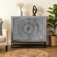 Zera 39 Inch Handcrafted Accent Cabinet with 2 Doors, Medallion Engraved, Sandblasted Gray Mango Wood, Black Iron Framed Stand- UPT-271294