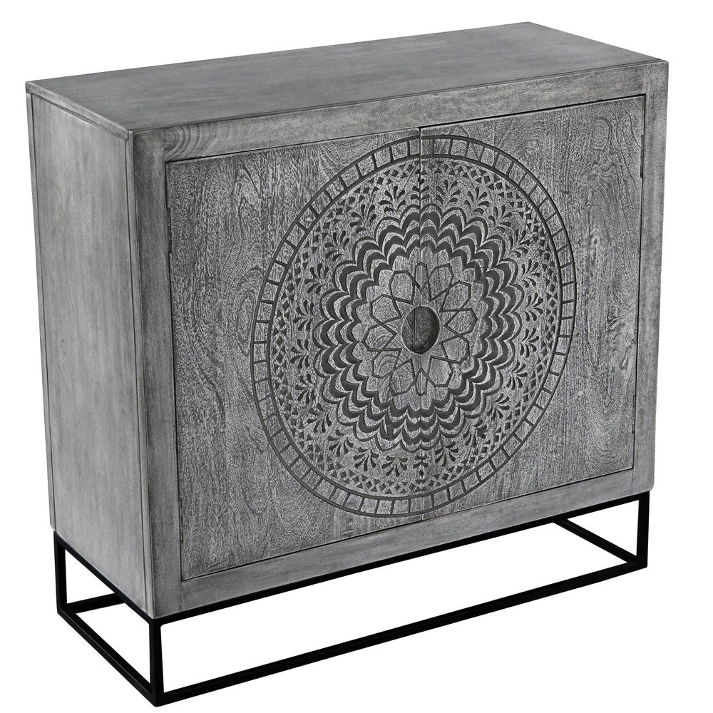 Zera 39 Inch Handcrafted Accent Cabinet with 2 Doors, Medallion Engraved, Sandblasted Gray Mango Wood, Black Iron Framed Stand- UPT-271294