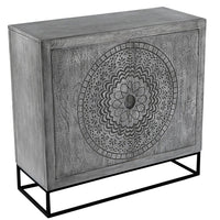 Zera 39 Inch Handcrafted Accent Cabinet with 2 Doors, Medallion Engraved, Sandblasted Gray Mango Wood, Black Iron Framed Stand- UPT-271294