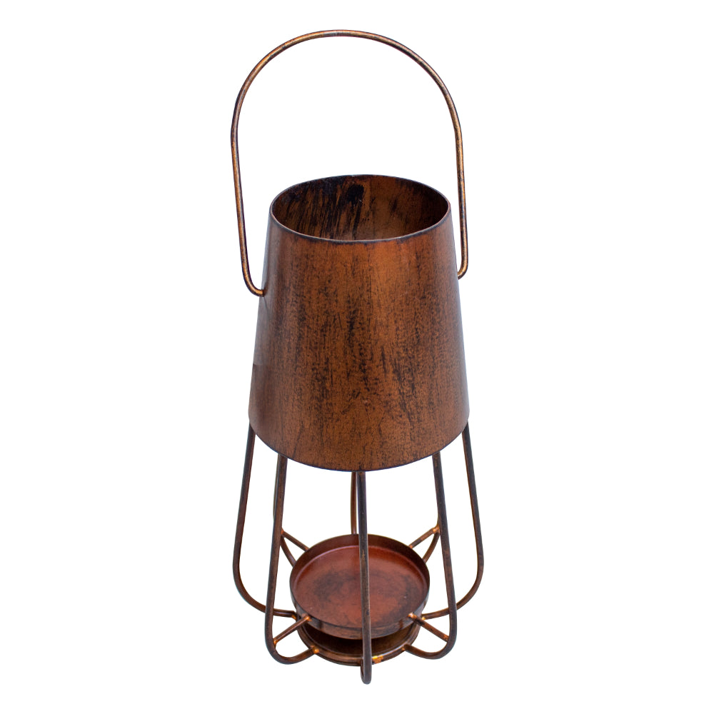 Ambient 12 Inch Vintage Style Iron Candle Stand Lantern, Sleek Curved Handle, Rustic Bronze - UPT-271312