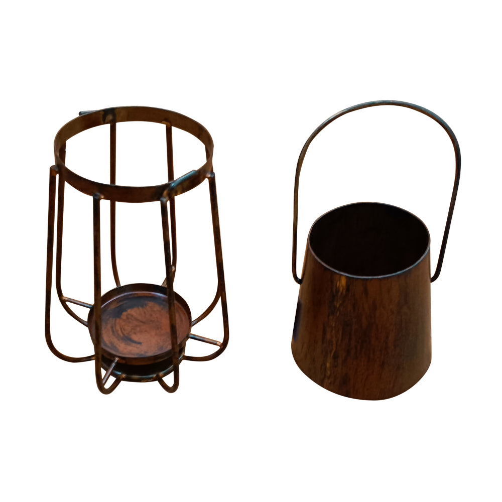 Ambient 12 Inch Vintage Style Iron Candle Stand Lantern, Sleek Curved Handle, Rustic Bronze - UPT-271312