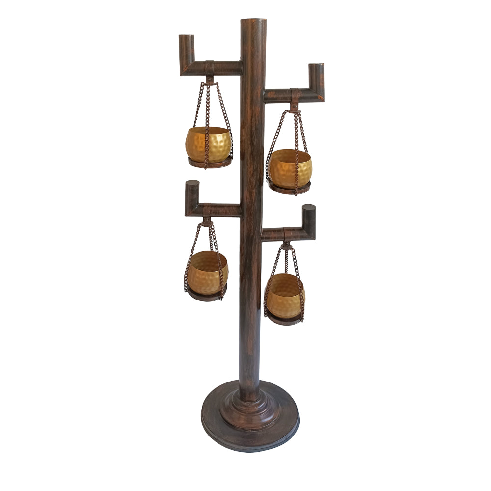 52 Inch Tall Plant Stand with 4 Hanging Pots, Antique Bronze, Gold, Black - UPT-271313