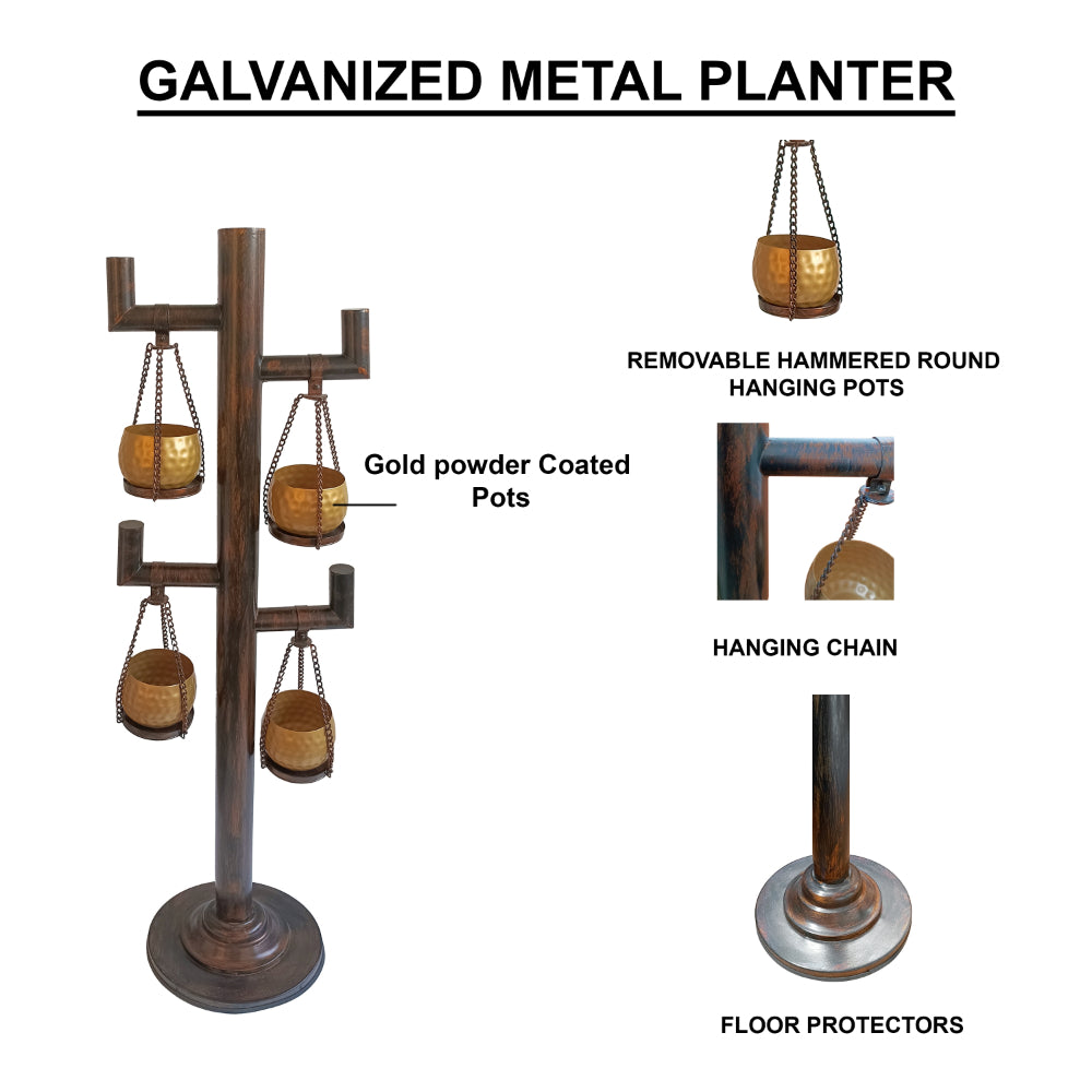 52 Inch Tall Plant Stand with 4 Hanging Pots, Antique Bronze, Gold, Black - UPT-271313