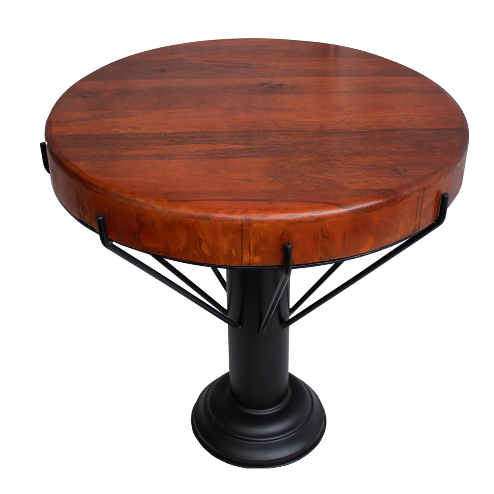 26 Inch Handcrafted Round Side End Table, Thick Mango Wood Top, Black Iron Pedestal Base - UPT-271315