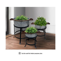21, 18, and 16 Inch 3 Piece Round Tub Metal Planter Set with Stand in Galvanized Gray and Black Iron - UPT-271316