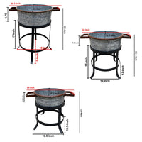 21, 18, and 16 Inch 3 Piece Round Tub Metal Planter Set with Stand in Galvanized Gray and Black Iron - UPT-271316