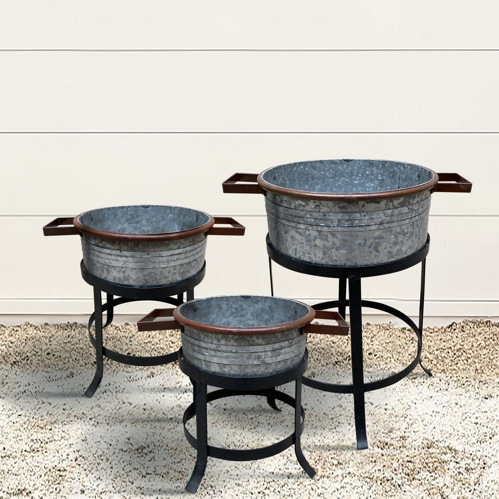 21, 18, and 16 Inch 3 Piece Round Tub Metal Planter Set with Stand in Galvanized Gray and Black Iron - UPT-271316