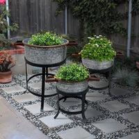 21, 18, and 16 Inch 3 Piece Round Tub Metal Planter Set with Stand in Galvanized Gray and Black Iron - UPT-271316