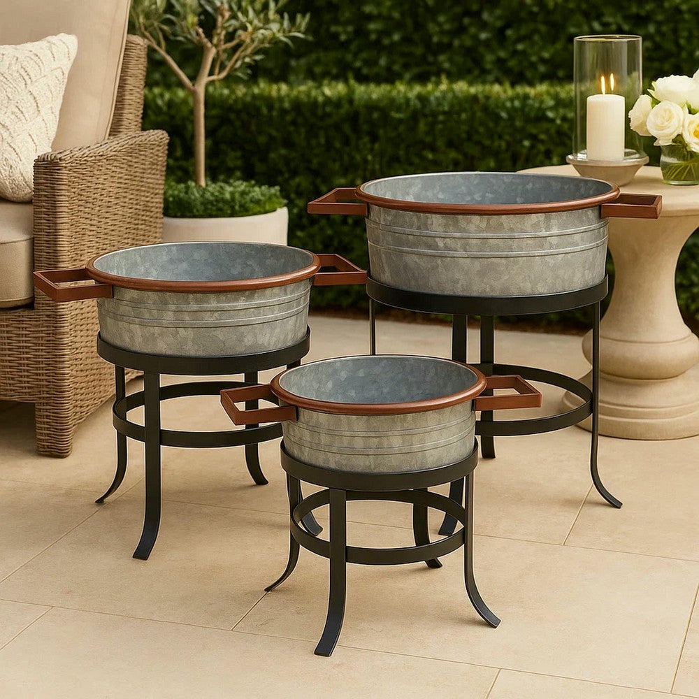 21, 18, and 16 Inch 3 Piece Round Tub Metal Planter Set with Stand in Galvanized Gray and Black Iron - UPT-271316
