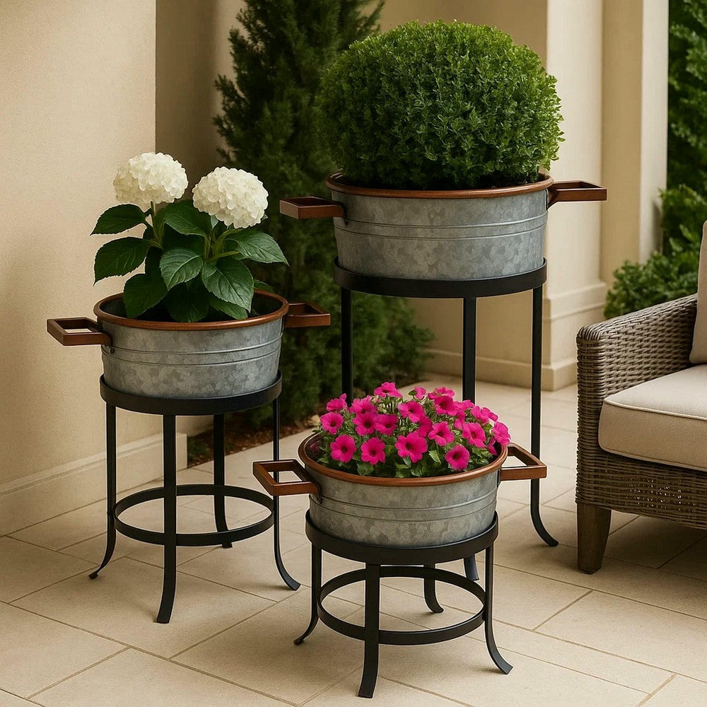 21, 18, and 16 Inch 3 Piece Round Tub Metal Planter Set with Stand in Galvanized Gray and Black Iron - UPT-271316