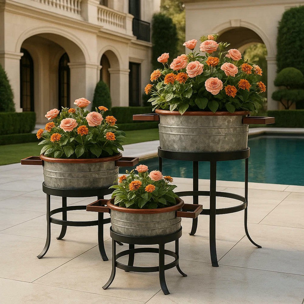 21, 18, and 16 Inch 3 Piece Round Tub Metal Planter Set with Stand in Galvanized Gray and Black Iron - UPT-271316