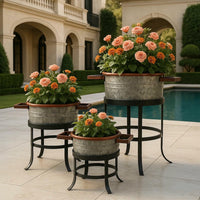 21, 18, and 16 Inch 3 Piece Round Tub Metal Planter Set with Stand in Galvanized Gray and Black Iron - UPT-271316