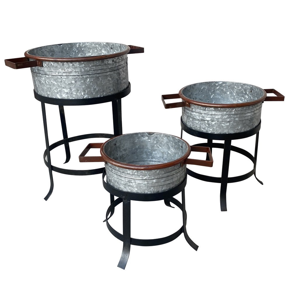 21, 18, and 16 Inch 3 Piece Round Tub Metal Planter Set with Stand in Galvanized Gray and Black Iron - UPT-271316