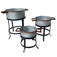 21, 18, and 16 Inch 3 Piece Round Tub Metal Planter Set with Stand in Galvanized Gray and Black Iron - UPT-271316