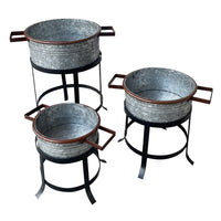 21, 18, and 16 Inch 3 Piece Round Tub Metal Planter Set with Stand in Galvanized Gray and Black Iron - UPT-271316