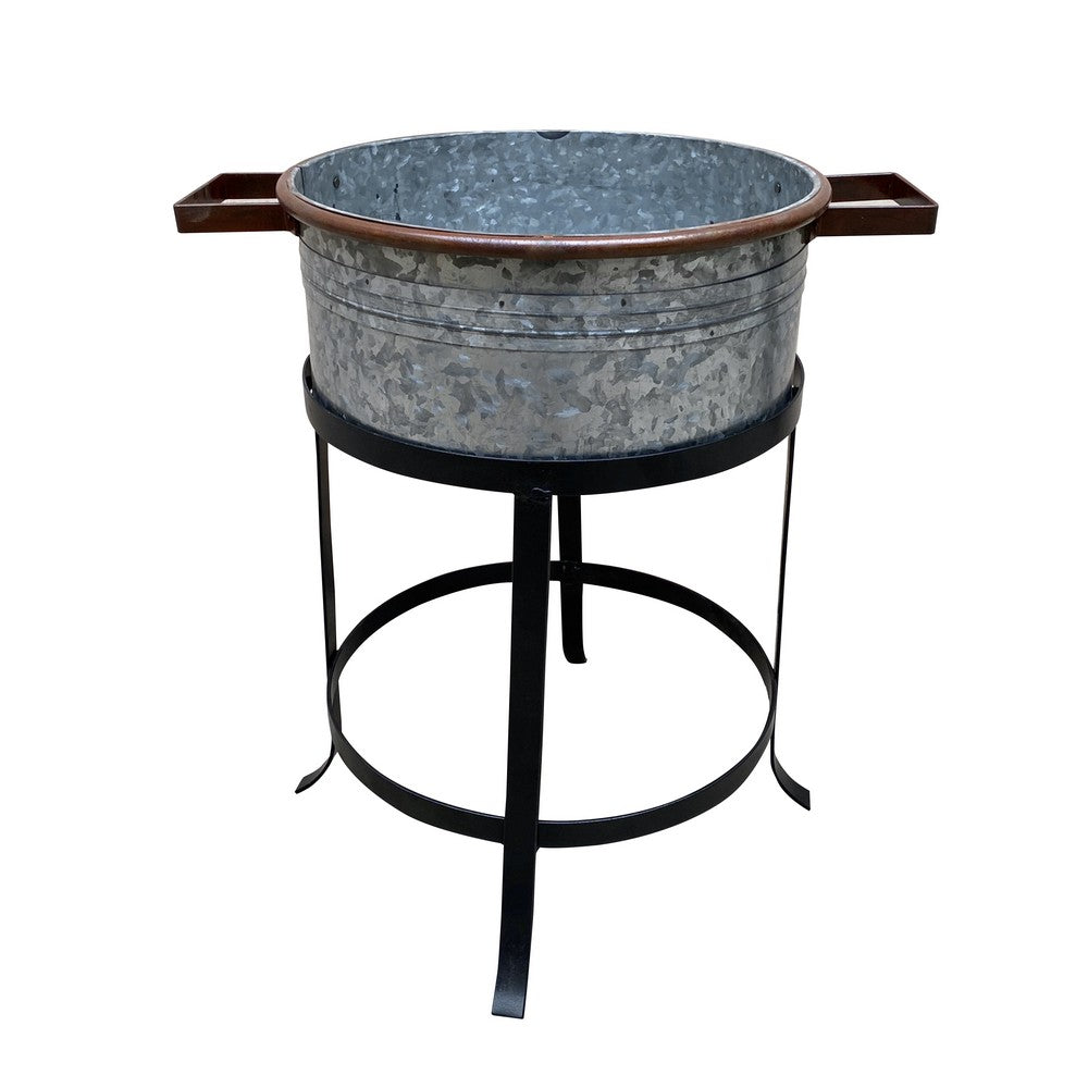 21, 18, and 16 Inch 3 Piece Round Tub Metal Planter Set with Stand in Galvanized Gray and Black Iron - UPT-271316