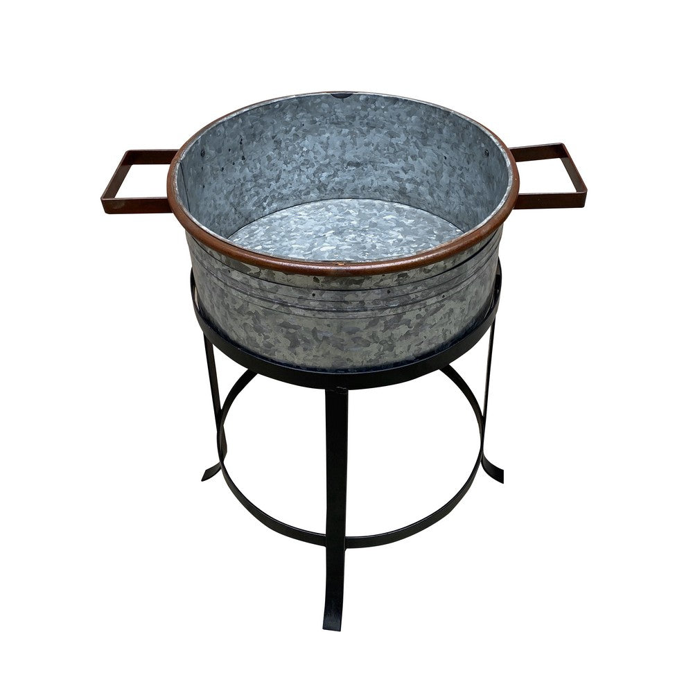 21, 18, and 16 Inch 3 Piece Round Tub Metal Planter Set with Stand in Galvanized Gray and Black Iron - UPT-271316