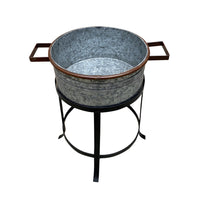 21, 18, and 16 Inch 3 Piece Round Tub Metal Planter Set with Stand in Galvanized Gray and Black Iron - UPT-271316