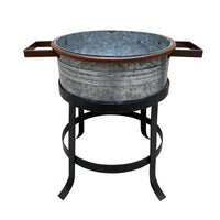 21, 18, and 16 Inch 3 Piece Round Tub Metal Planter Set with Stand in Galvanized Gray and Black Iron - UPT-271316
