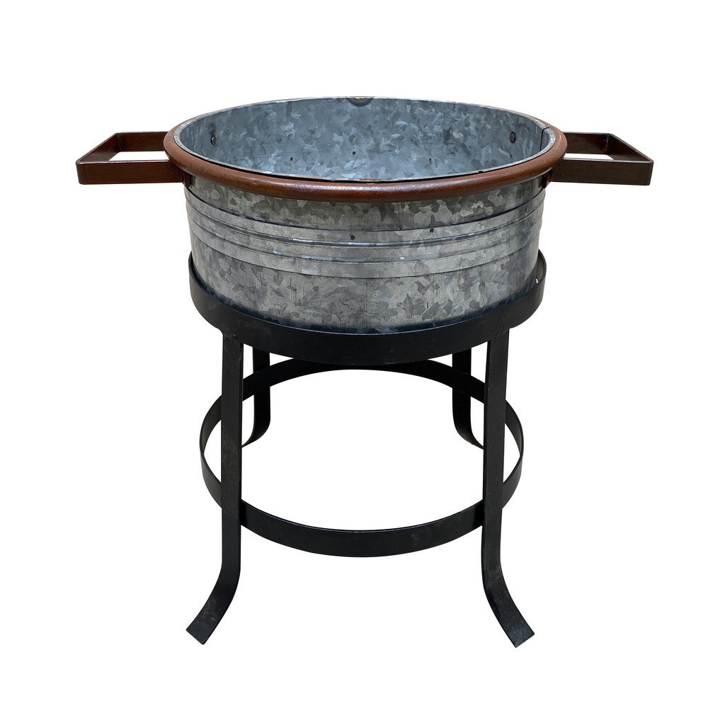 21, 18, and 16 Inch 3 Piece Round Tub Metal Planter Set with Stand in Galvanized Gray and Black Iron - UPT-271316