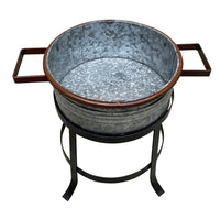 21, 18, and 16 Inch 3 Piece Round Tub Metal Planter Set with Stand in Galvanized Gray and Black Iron - UPT-271316