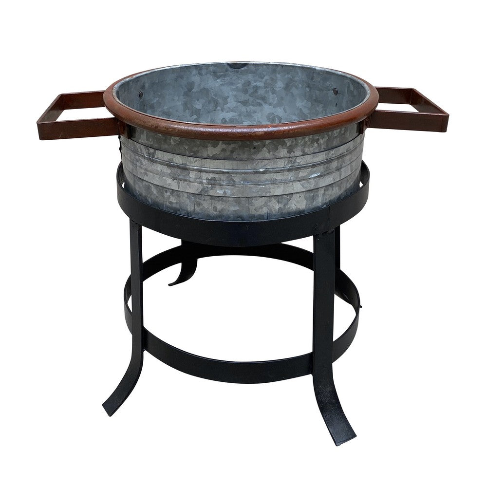 21, 18, and 16 Inch 3 Piece Round Tub Metal Planter Set with Stand in Galvanized Gray and Black Iron - UPT-271316