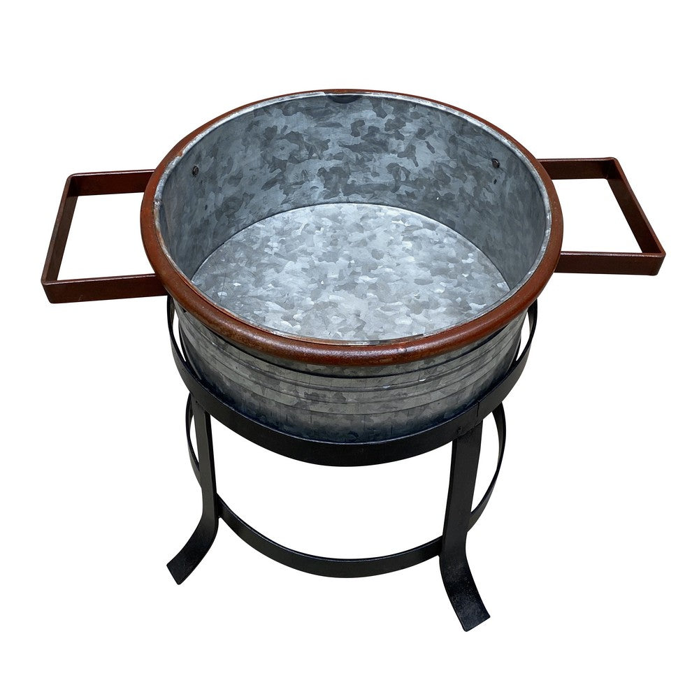 21, 18, and 16 Inch 3 Piece Round Tub Metal Planter Set with Stand in Galvanized Gray and Black Iron - UPT-271316
