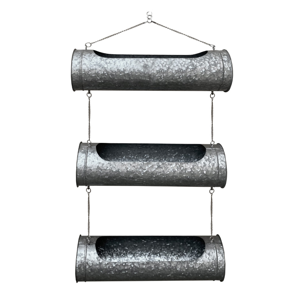 36 Inch 3 Tier Hanging Planter, Galvanized Metal With Chrome Chain, Silver Finish - UPT-271317