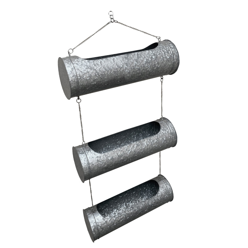 36 Inch 3 Tier Hanging Planter, Galvanized Metal With Chrome Chain, Silver Finish - UPT-271317