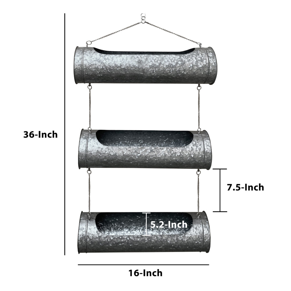 36 Inch 3 Tier Hanging Planter, Galvanized Metal With Chrome Chain, Silver Finish - UPT-271317