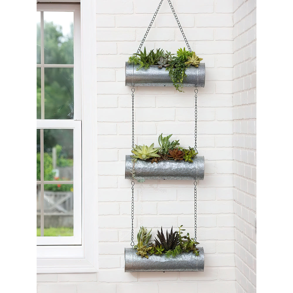 36 Inch 3 Tier Hanging Planter, Galvanized Metal With Chrome Chain, Silver Finish - UPT-271317